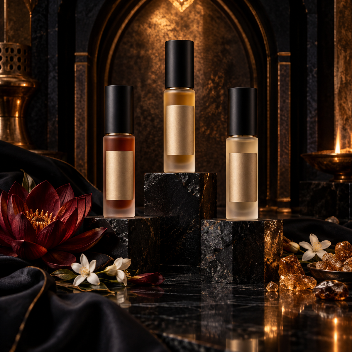 Three elevated perfume oil bottles on black stone surrounded by lotus, jasmine, amber, and copper light