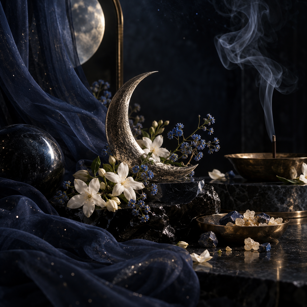 Silver crescent, jasmine, blue flowers, moonlight, and incense smoke on a dark altar