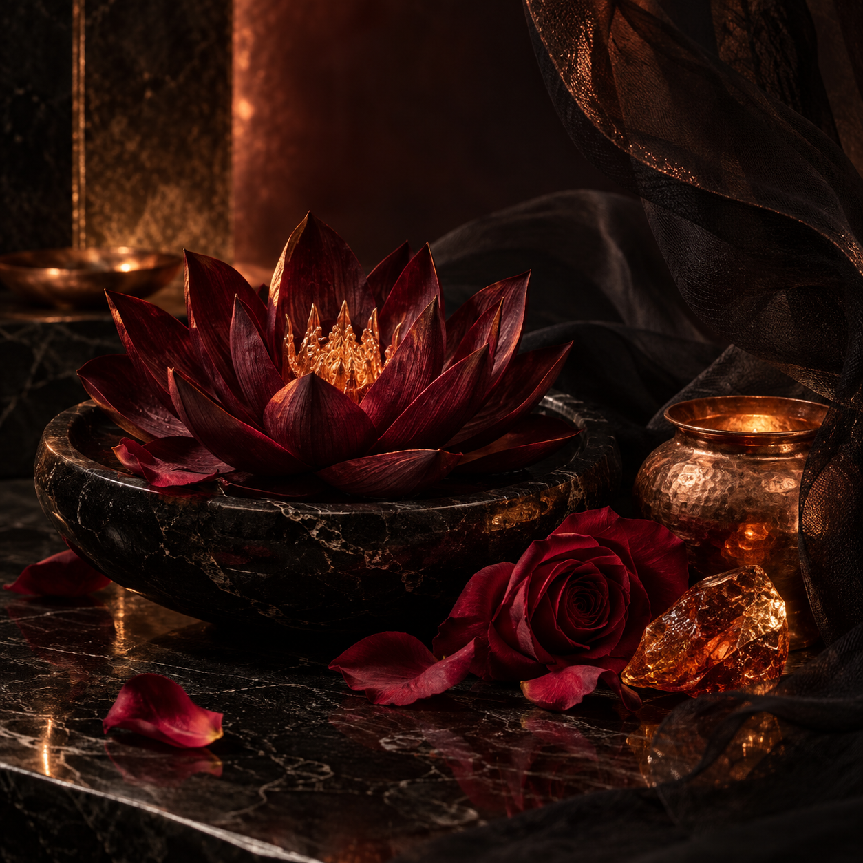 Dark red lotus, rose, amber resin, and copper vessel on a black altar