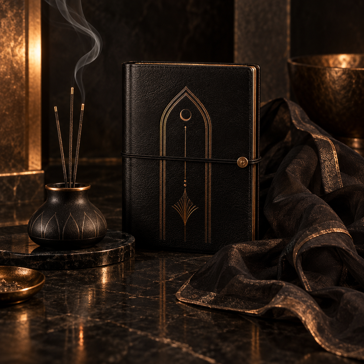 Black and copper ritual journal, incense, and dark veil arranged on an altar