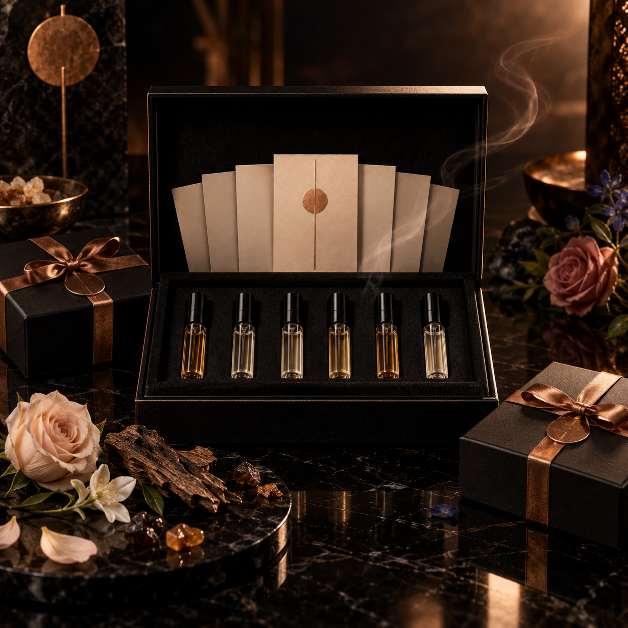 Luxury fragrance discovery set with sample vials, presentation cards, and black gift boxes