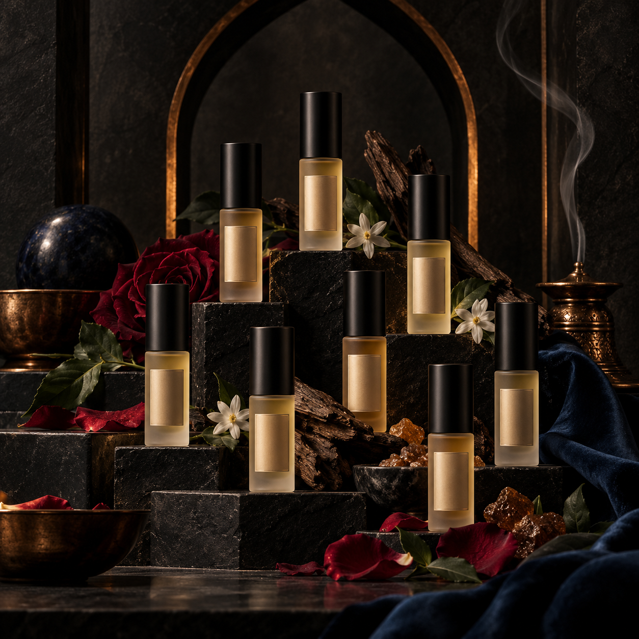 Luxury perfume oil collection arranged with roses, jasmine, woods, and amber beneath a copper arch