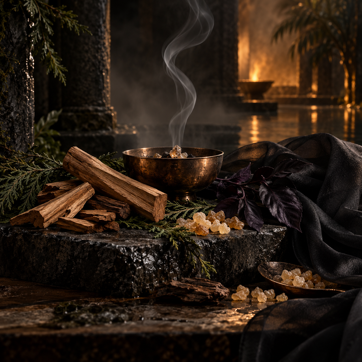 Sacred woods, resins, dark leaves, black silk, and incense smoke in a shadowed sanctuary
