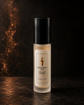 Shadowed Silk Whispers of Heka perfume oil bottle against a dark copper-lit background